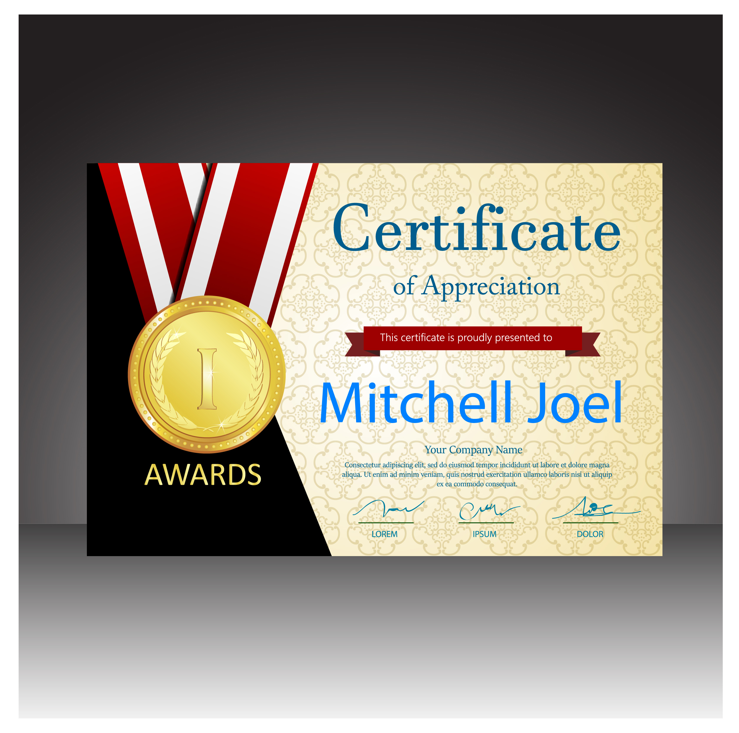 certificates vector design with gold medal illustration